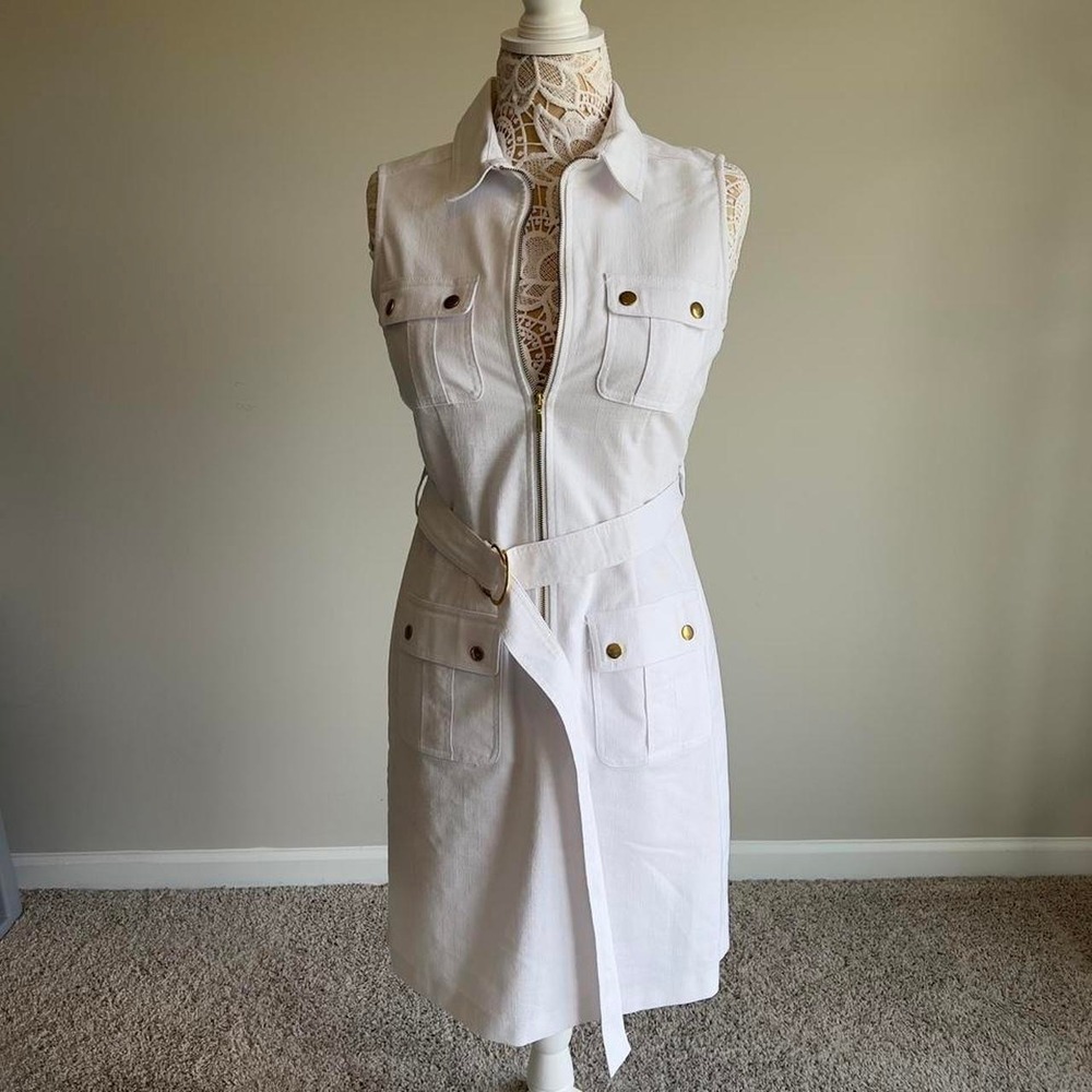 Sharagano White Utility Zip Front Belted Midi Dress 8P